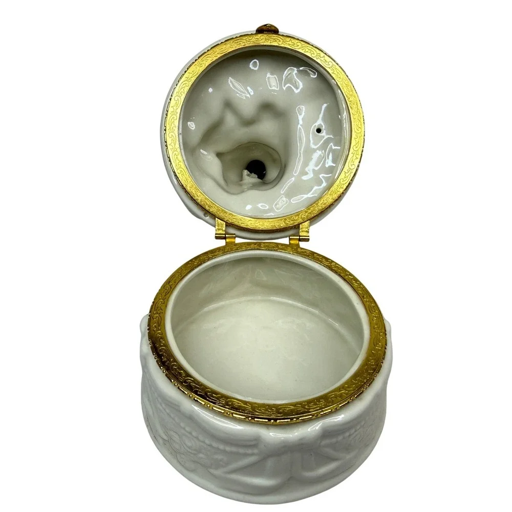 Porcelain Angel Trinket Jewelry Box Bath Salt Holder Gold Trim Bird 5in Wx7in H